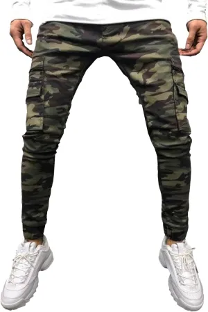 Mens Cargo Multi Pocket Denim Pants Slim Fit Casual Workout Jeans Biker Moto Washed Straight Jean