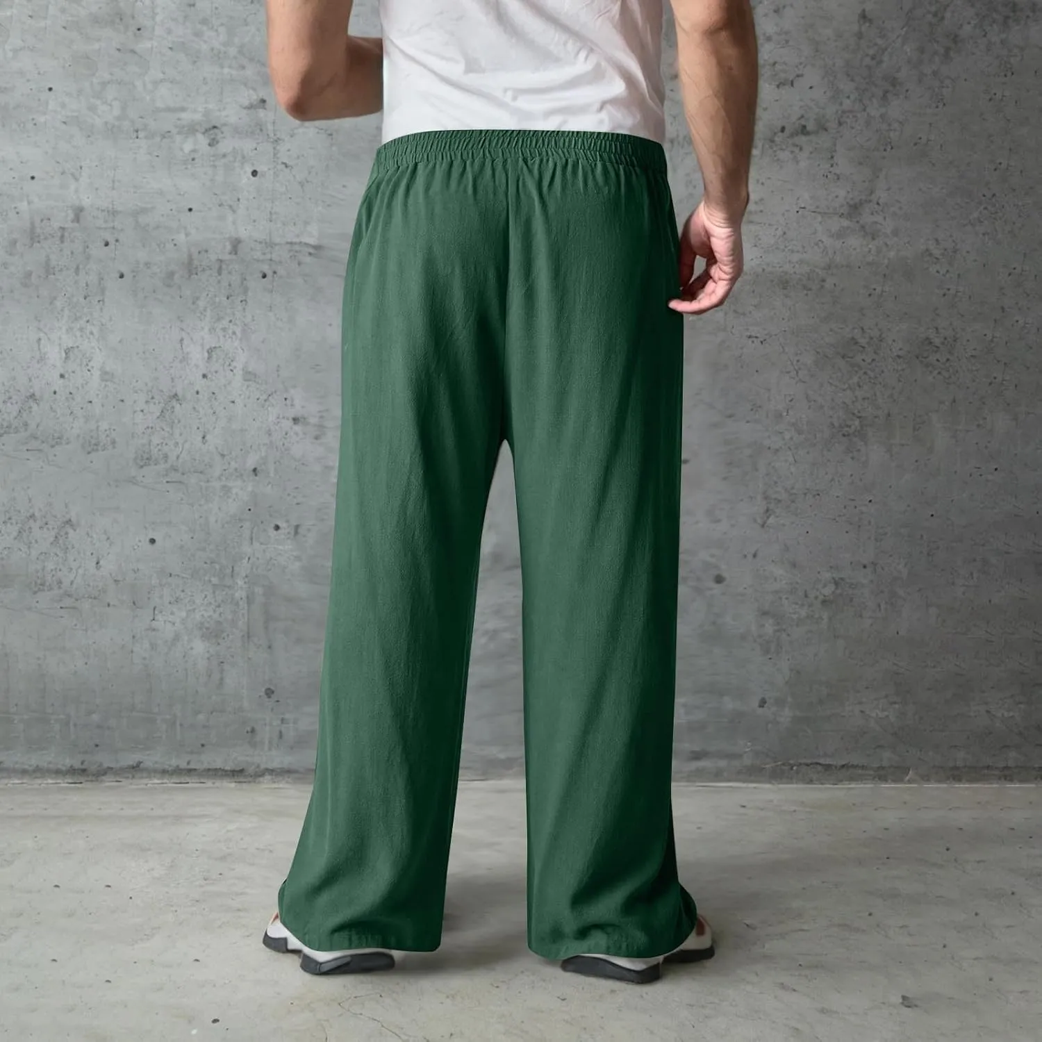 Mens Casual Cotton Linen Pants Wide Leg Baggy Trousers Men Fashion Loose Fit Elastic Waist Yoga Pants Lounge Outfits