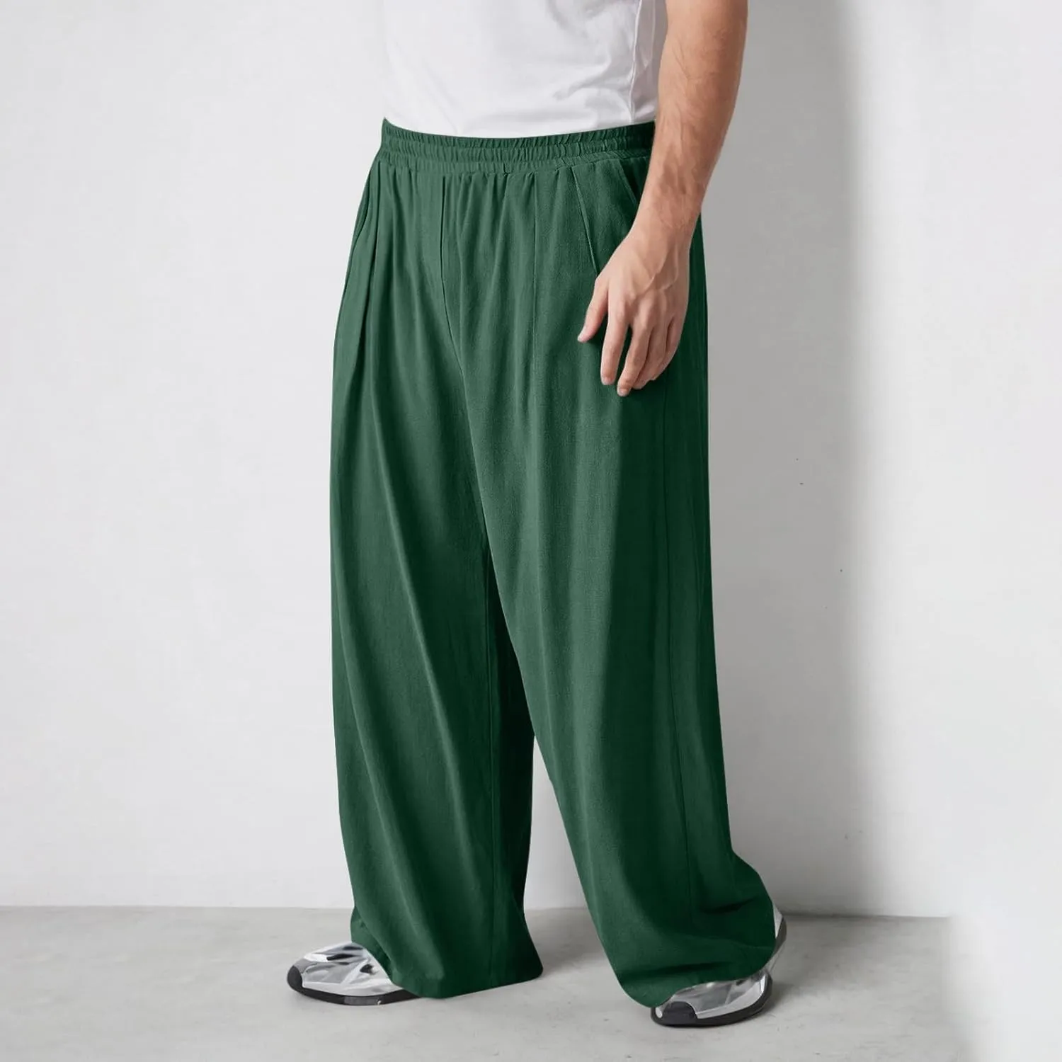 Mens Casual Cotton Linen Pants Wide Leg Baggy Trousers Men Fashion Loose Fit Elastic Waist Yoga Pants Lounge Outfits