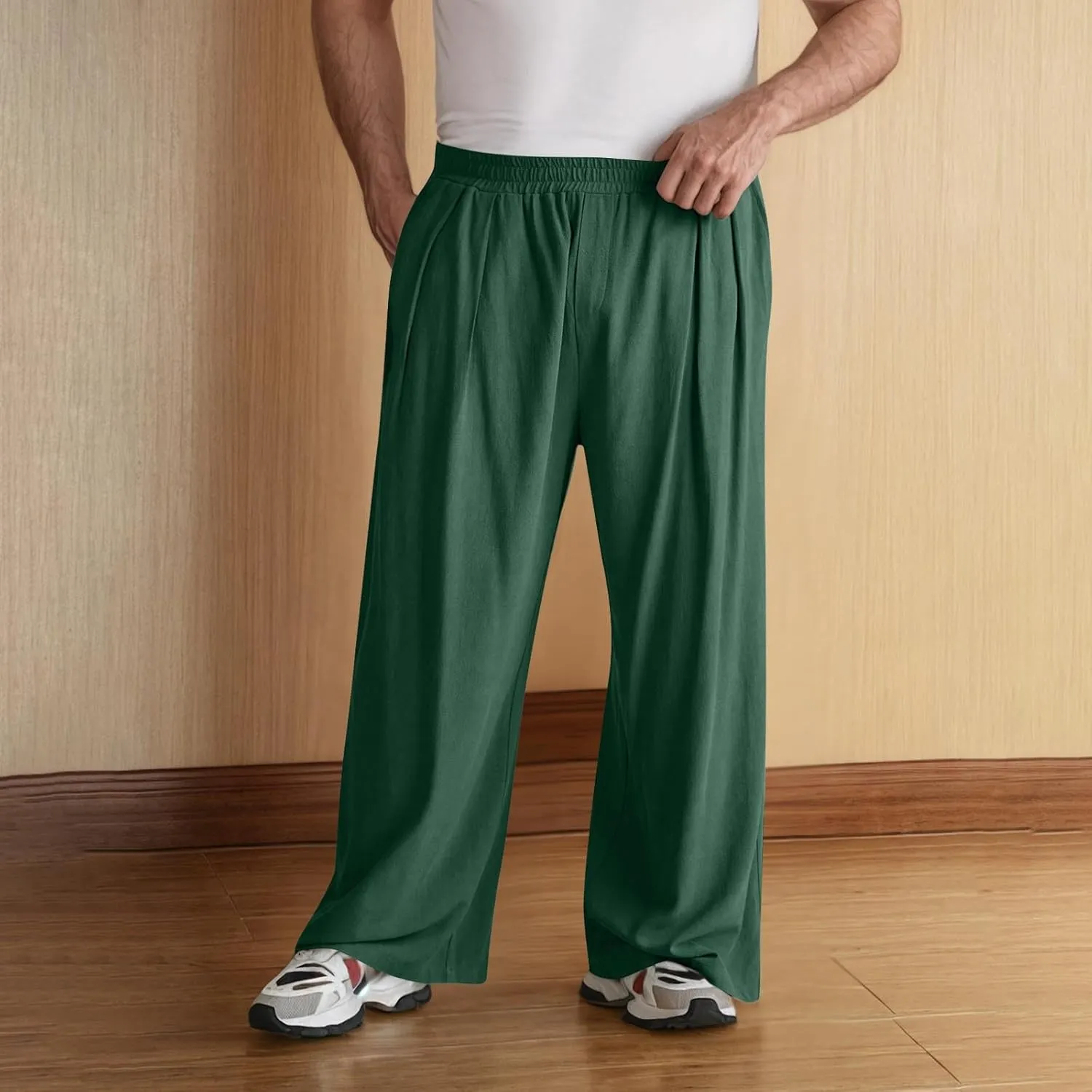 Mens Casual Cotton Linen Pants Wide Leg Baggy Trousers Men Fashion Loose Fit Elastic Waist Yoga Pants Lounge Outfits