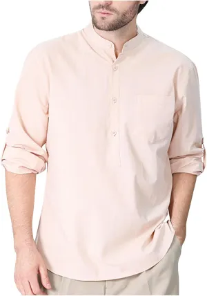 Mens Cotton Linen Shirt Casual Long Sleeve Band Collar Button Up Henley Shirts Summer Beach Hippie Tshirt with Pocket