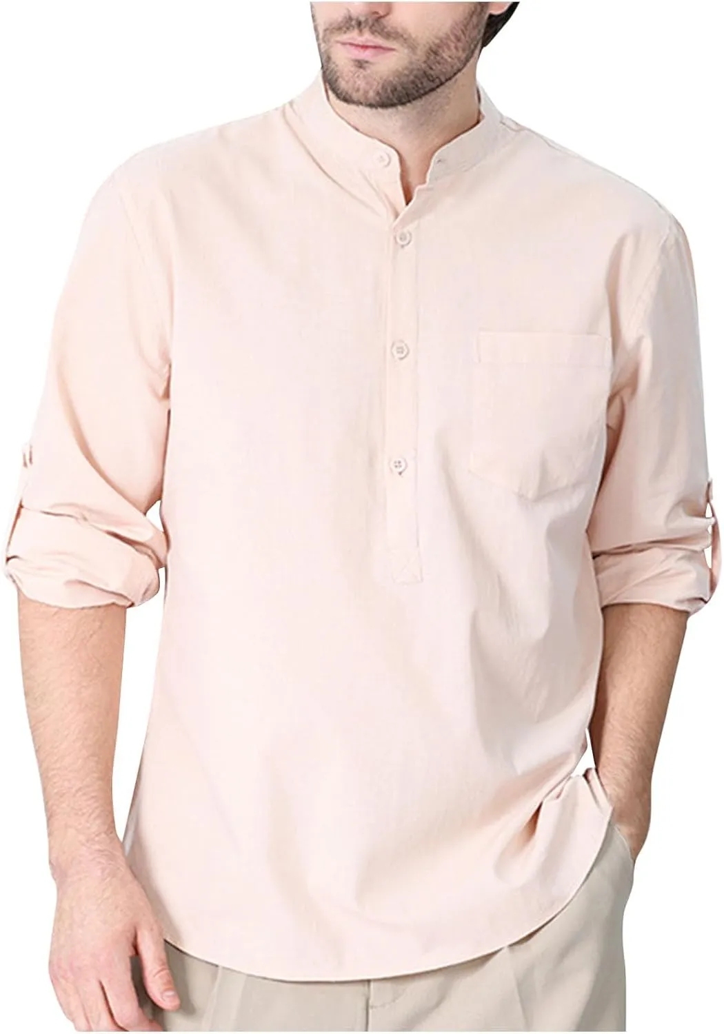 Mens Cotton Linen Shirt Casual Long Sleeve Band Collar Button Up Henley Shirts Summer Beach Hippie Tshirt with Pocket