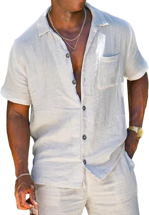 Men's Cotton Linen Shirts Casual Stylish Button Down Short Sleeve Shirts Lightweight Breathable Summer Shirt