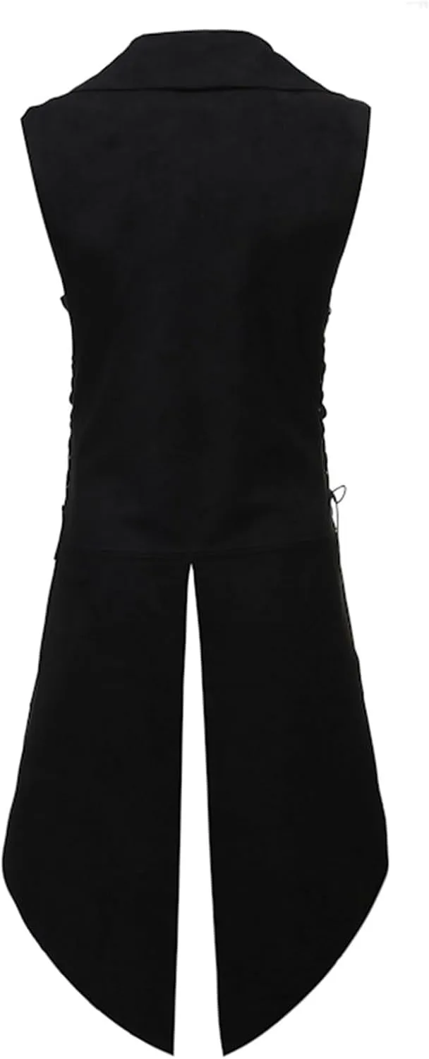 Mens Gothic Steampunk Vest Vintage Tailcoat Jacket Waistcoat Band Collar Sleeveless Coat Victorian Medieval Long Trench Coats