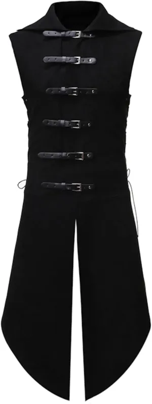 Mens Gothic Steampunk Vest Vintage Tailcoat Jacket Waistcoat Band Collar Sleeveless Coat Victorian Medieval Long Trench Coats
