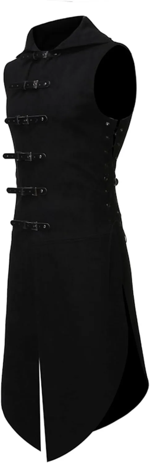 Mens Gothic Steampunk Vest Vintage Tailcoat Jacket Waistcoat Band Collar Sleeveless Coat Victorian Medieval Long Trench Coats