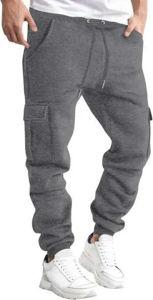 Men's Heavyweight Fleece Cargo Sweatpants with Multi Pockets Elastic Drawstring Workout Jogging Pants Baggy Trousers