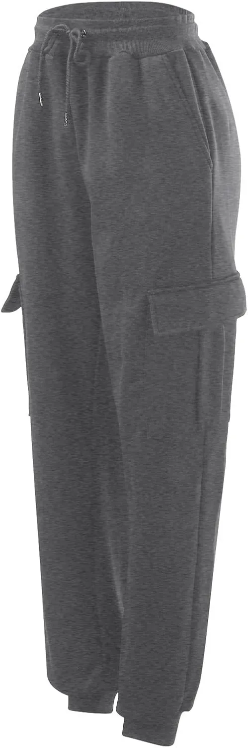 Men's Heavyweight Fleece Cargo Sweatpants with Multi Pockets Elastic Drawstring Workout Jogging Pants Baggy Trousers