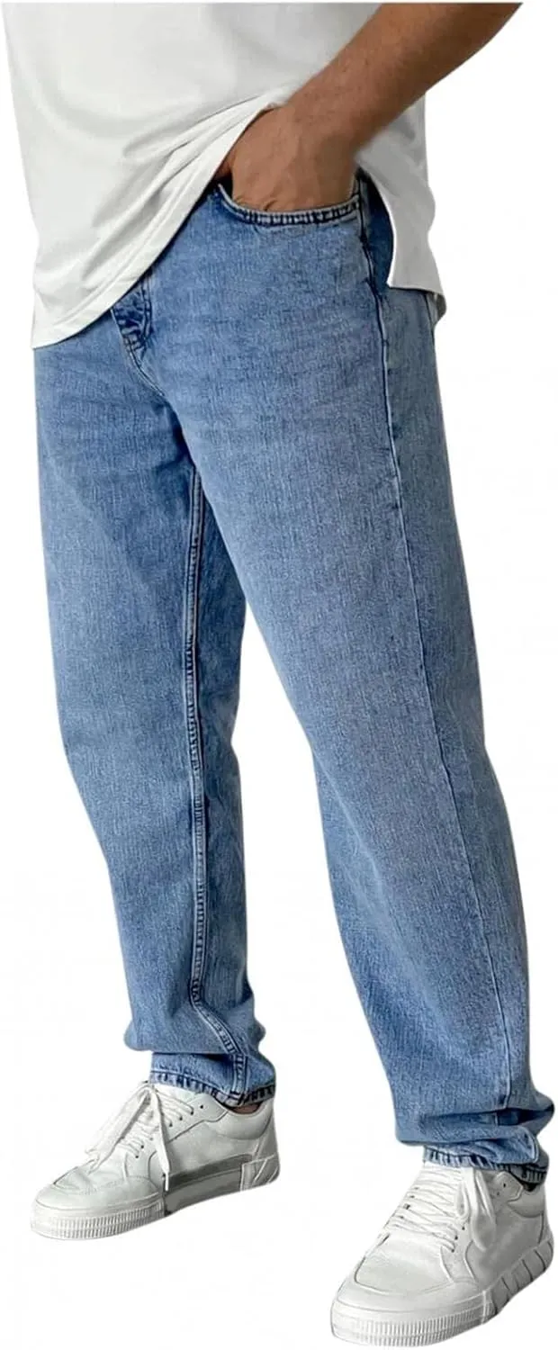 Mens Jeans Relaxed Fit Flex Jeans Washed Retro Straight Leg Pants Loose Fit Denim Trousers for Casual Work Travel Daily