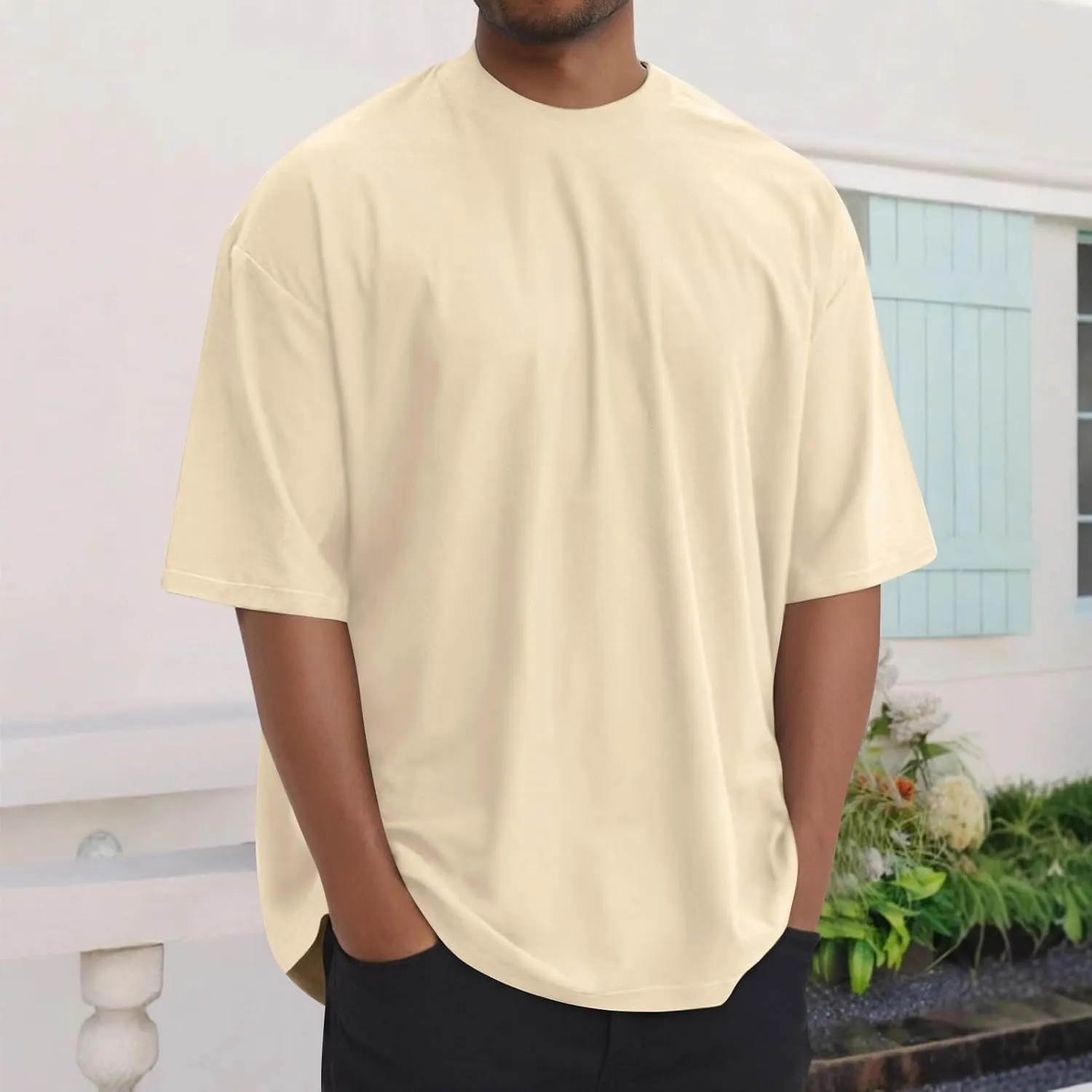 Mens Oversize Pullover Solid Color Casual Tees Fashion Drop Shoulder Short Sleeve Tshirts