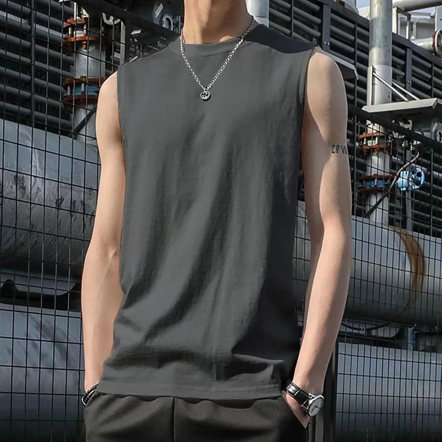 Mens Sleeveless Shirts Summer Solid Quick Dry Tank Tops Gym Bodybuilding Fitness Workout Muscle Vests Stretch Tees