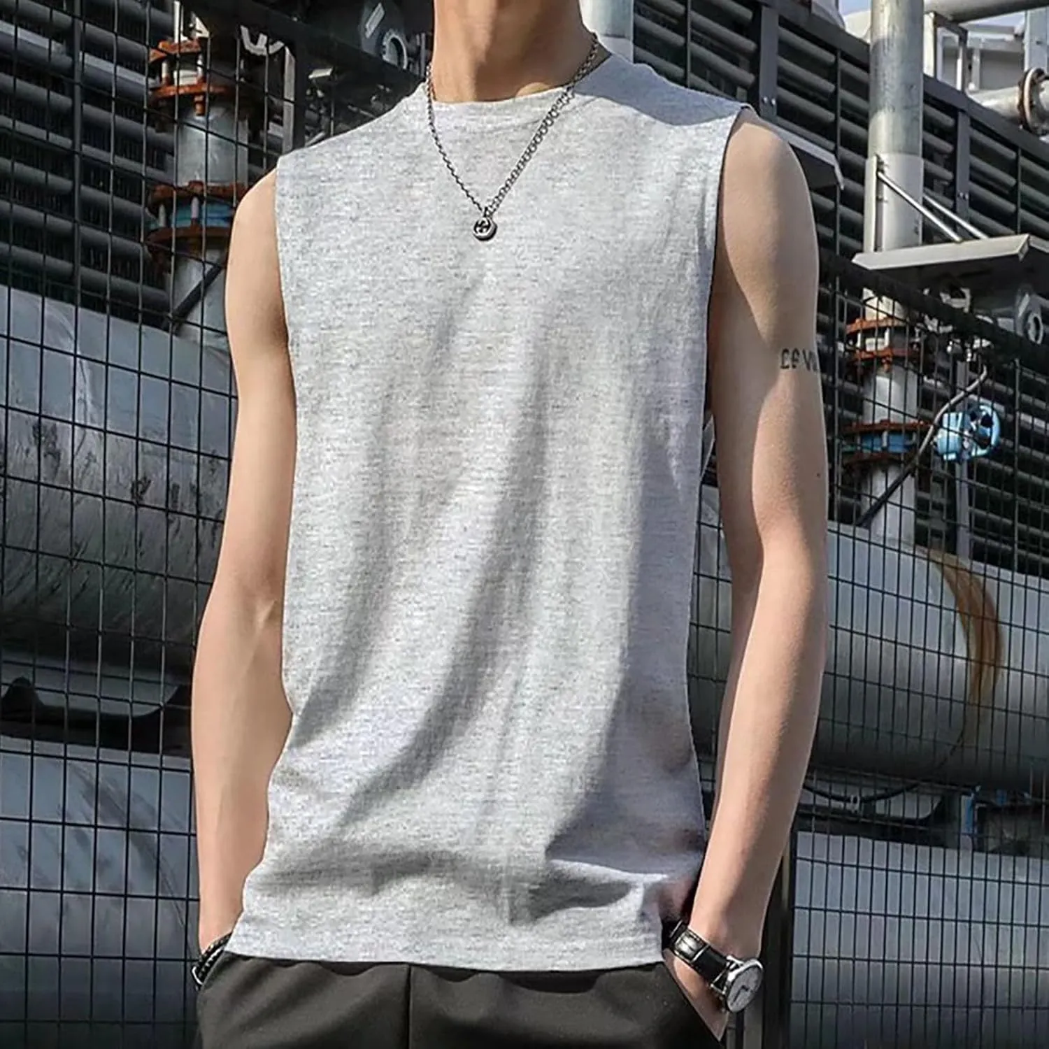 Mens Sleeveless Shirts Summer Solid Quick Dry Tank Tops Gym Bodybuilding Fitness Workout Muscle Vests Stretch Tees
