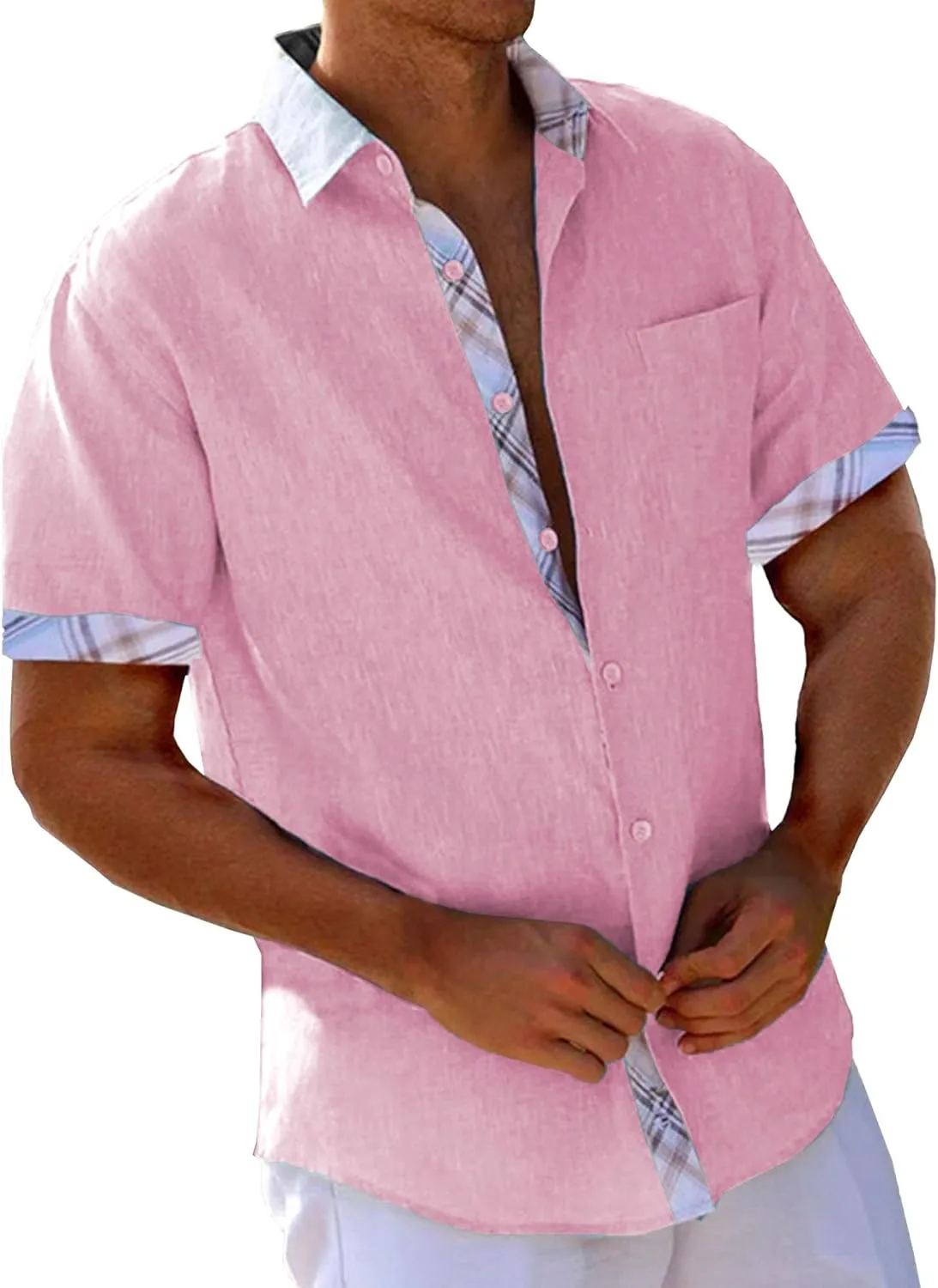 Men's Summer Casual Shirts Short Sleeve Button Down Shirts Lightweight Breathable Cotton Linen Shirt Beach Tops