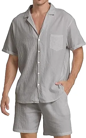 Men's Summer Casual Stylish Shirt Cotton Linen Button Down Shirts Lightweight Short Sleeve Shirt with Pocket