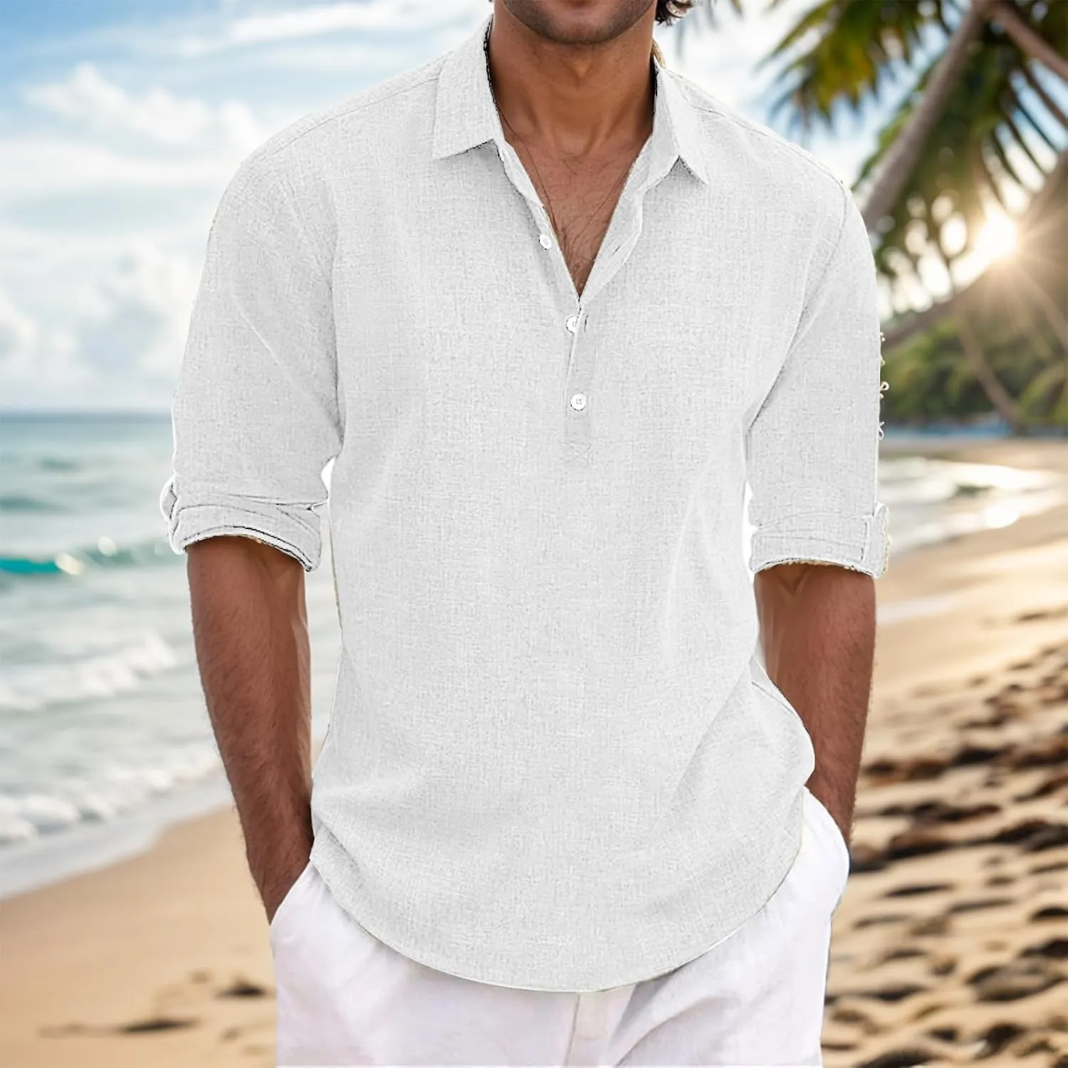 Mens Summer Shirts for Vacation Quarter Button Pullover Vintage Long Sleeve Shirt Cotton Linen Casual Tees Relaxed