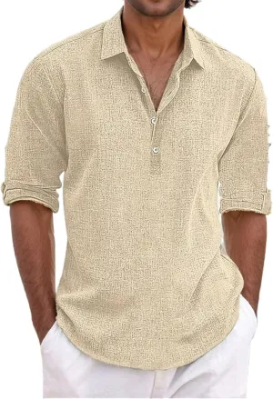 Mens Summer Shirts for Vacation Quarter Button Pullover Vintage Long Sleeve Shirt Cotton Linen Casual Tees Relaxed