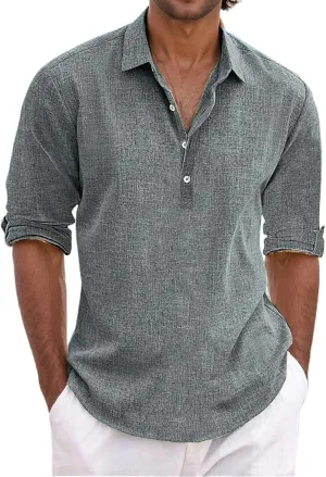 Mens Summer Shirts for Vacation Quarter Button Pullover Vintage Long Sleeve Shirt Cotton Linen Casual Tees Relaxed