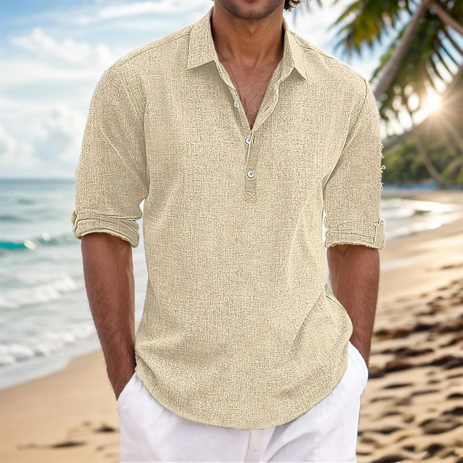 Mens Summer Shirts for Vacation Quarter Button Pullover Vintage Long Sleeve Shirt Cotton Linen Casual Tees Relaxed