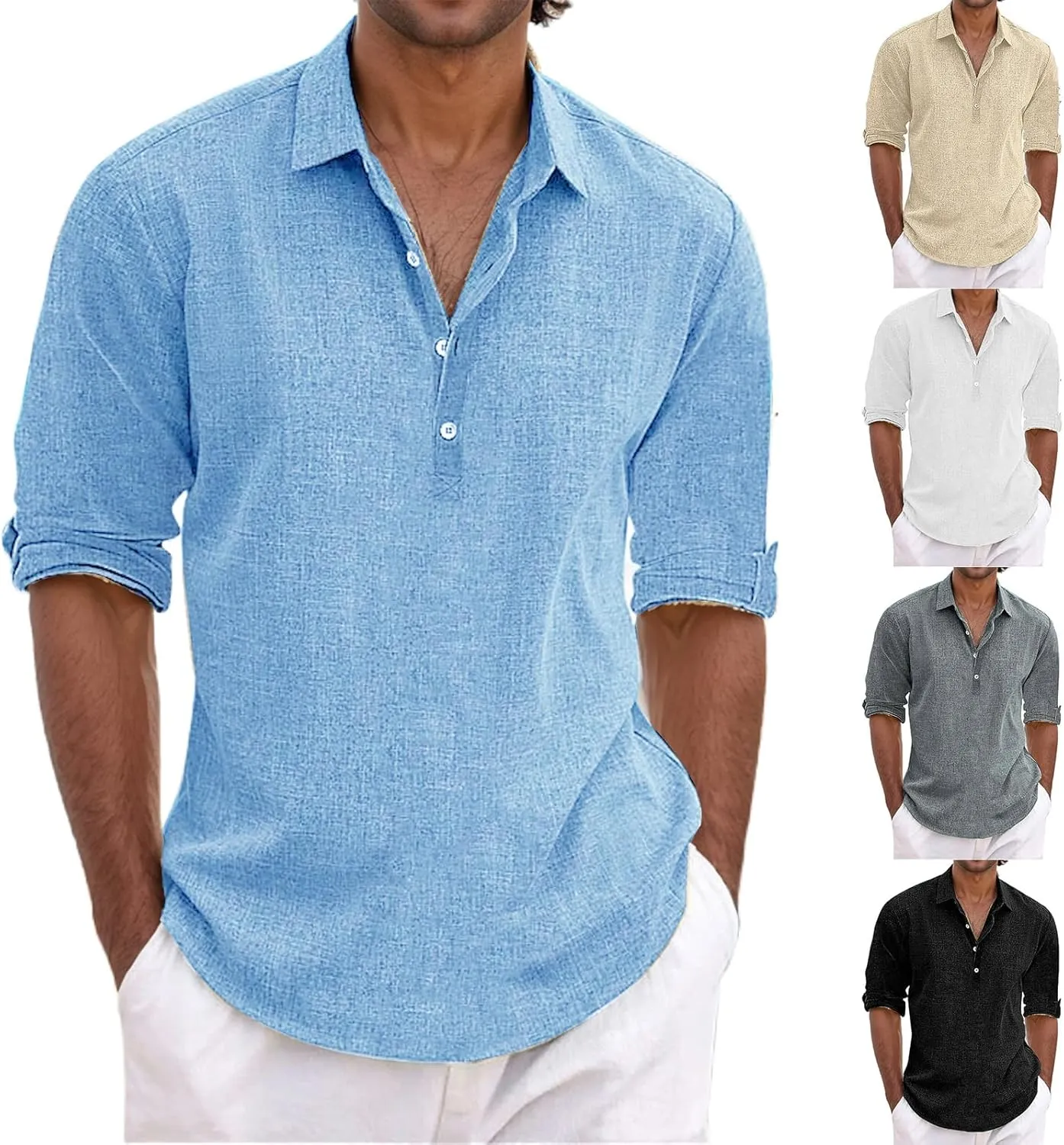 Mens Summer Shirts for Vacation Quarter Button Pullover Vintage Long Sleeve Shirt Cotton Linen Casual Tees Relaxed