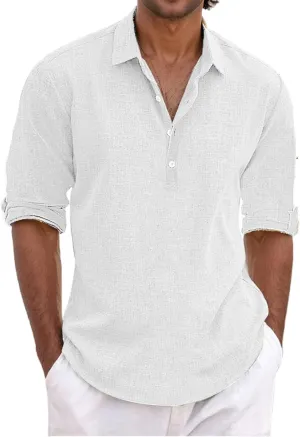 Mens Summer Shirts for Vacation Quarter Button Pullover Vintage Long Sleeve Shirt Cotton Linen Casual Tees Relaxed