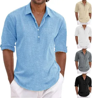 Mens Summer Shirts for Vacation Quarter Button Pullover Vintage Long Sleeve Shirt Cotton Linen Casual Tees Relaxed