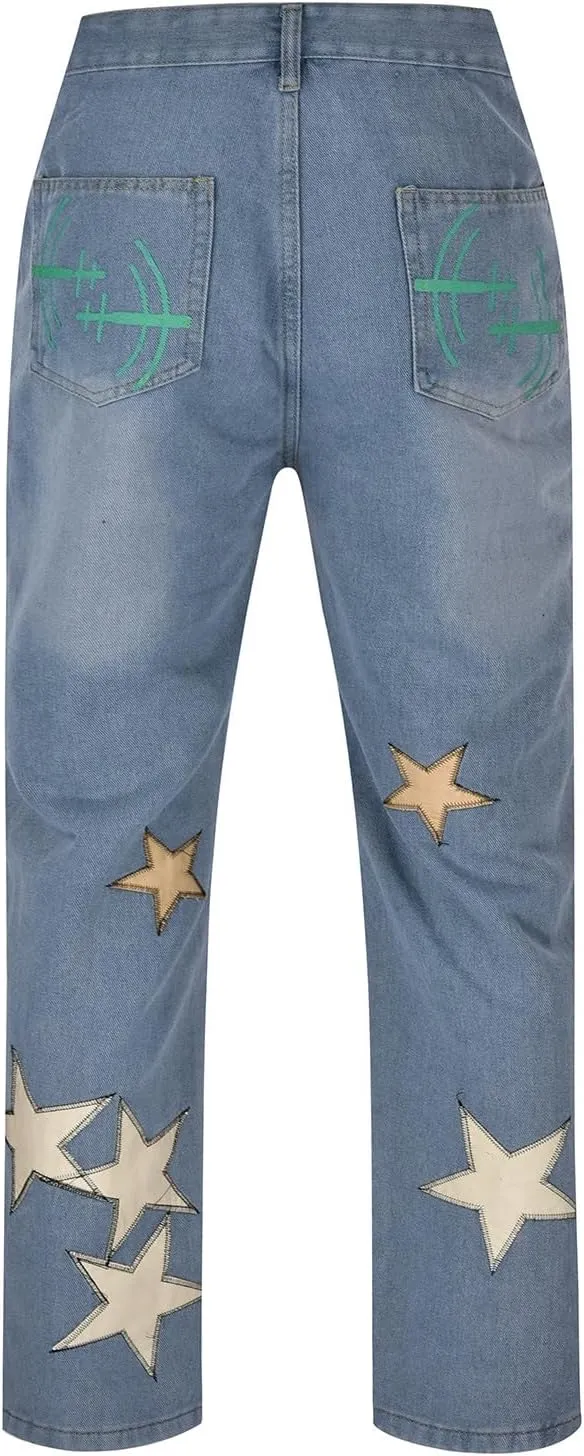 MIDOO Jeans for Men Straight Fit Casual Printed Straight Leg Jeans Trend Fashion Denim Pants Low Rise Skinny Jean Trousers