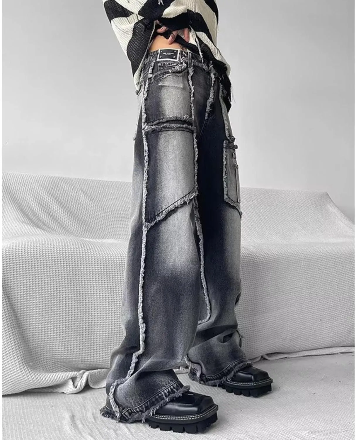 MIDOO Mens Jeans Baggy Loose Fit Casual Comfort Flex Patchwork Denim Pants Straight Leg Fashion Skinny Jeans Trousers