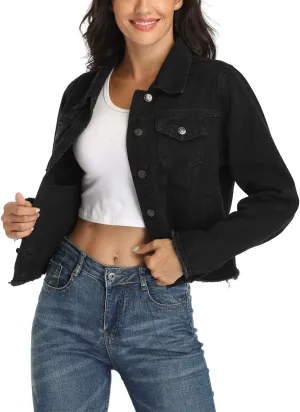 MISS MOLY Jean Jacket Women’s Frayed Washed Button Up Cropped Denim Jacket w 2 Side Pockets
