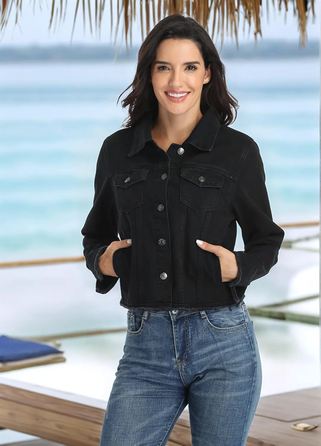 MISS MOLY Jean Jacket Women’s Frayed Washed Button Up Cropped Denim Jacket w 2 Side Pockets