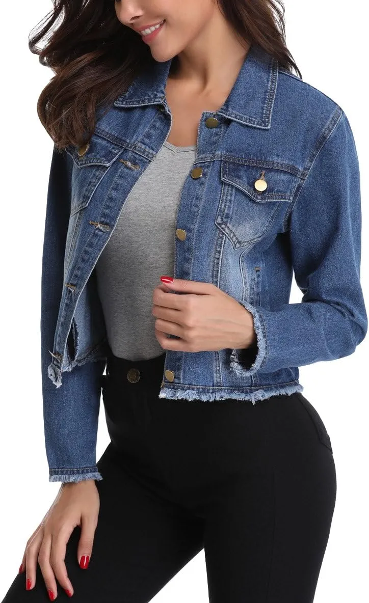 MISS MOLY Jean Jacket Women’s Frayed Washed Button Up Cropped Denim Jacket w 2 Side Pockets