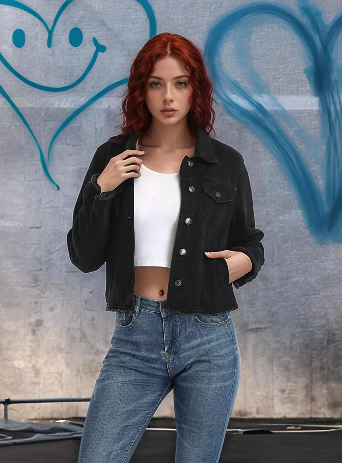 MISS MOLY Jean Jacket Women’s Frayed Washed Button Up Cropped Denim Jacket w 2 Side Pockets