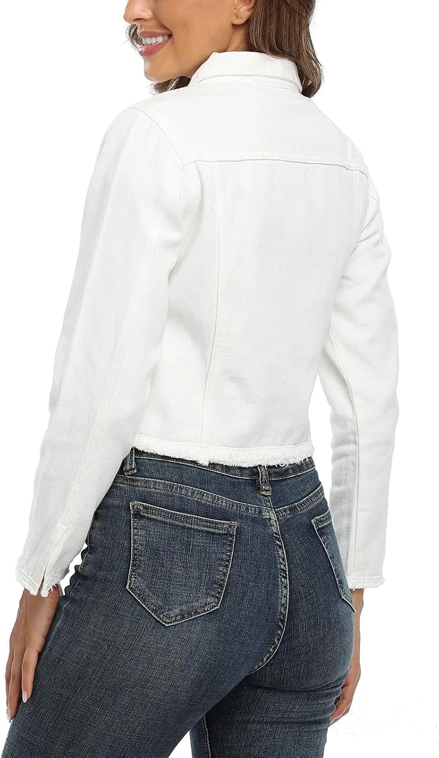 MISS MOLY Jean Jacket Women’s Frayed Washed Button Up Cropped Denim Jacket w 2 Side Pockets