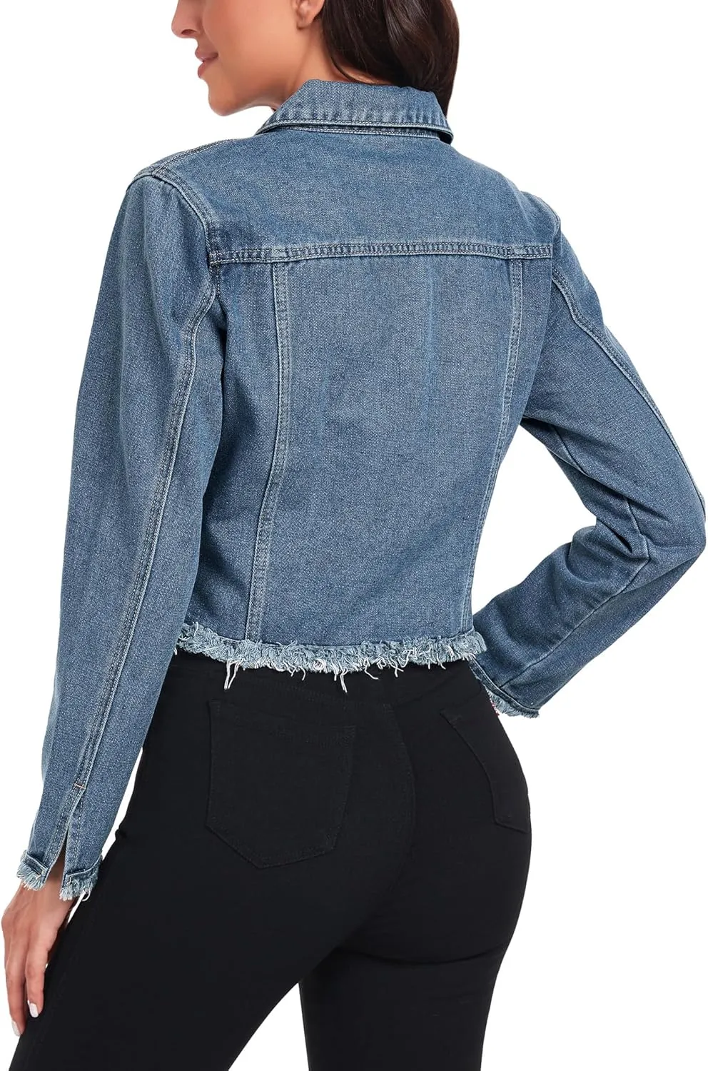 MISS MOLY Jean Jacket Women’s Frayed Washed Button Up Cropped Denim Jacket w 2 Side Pockets