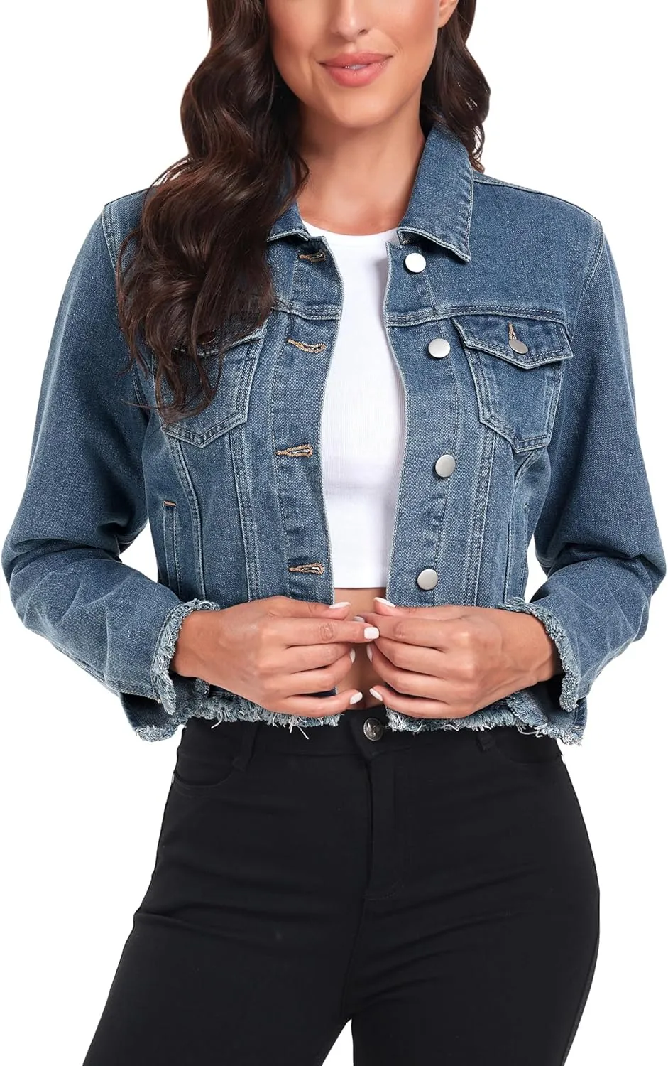 MISS MOLY Jean Jacket Women’s Frayed Washed Button Up Cropped Denim Jacket w 2 Side Pockets