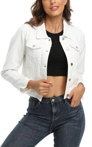 MISS MOLY Jean Jacket Women’s Frayed Washed Button Up Cropped Denim Jacket w 2 Side Pockets