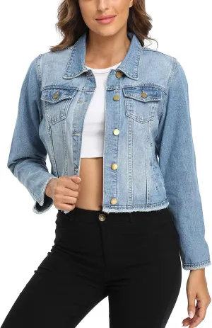 MISS MOLY Jean Jacket Women’s Frayed Washed Button Up Cropped Denim Jacket w 2 Side Pockets