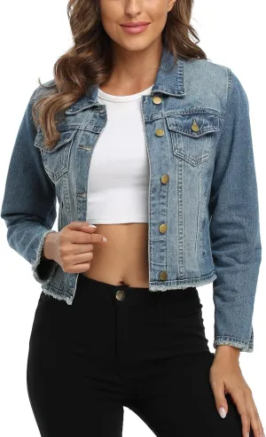 MISS MOLY Jean Jacket Women’s Frayed Washed Button Up Cropped Denim Jacket w 2 Side Pockets