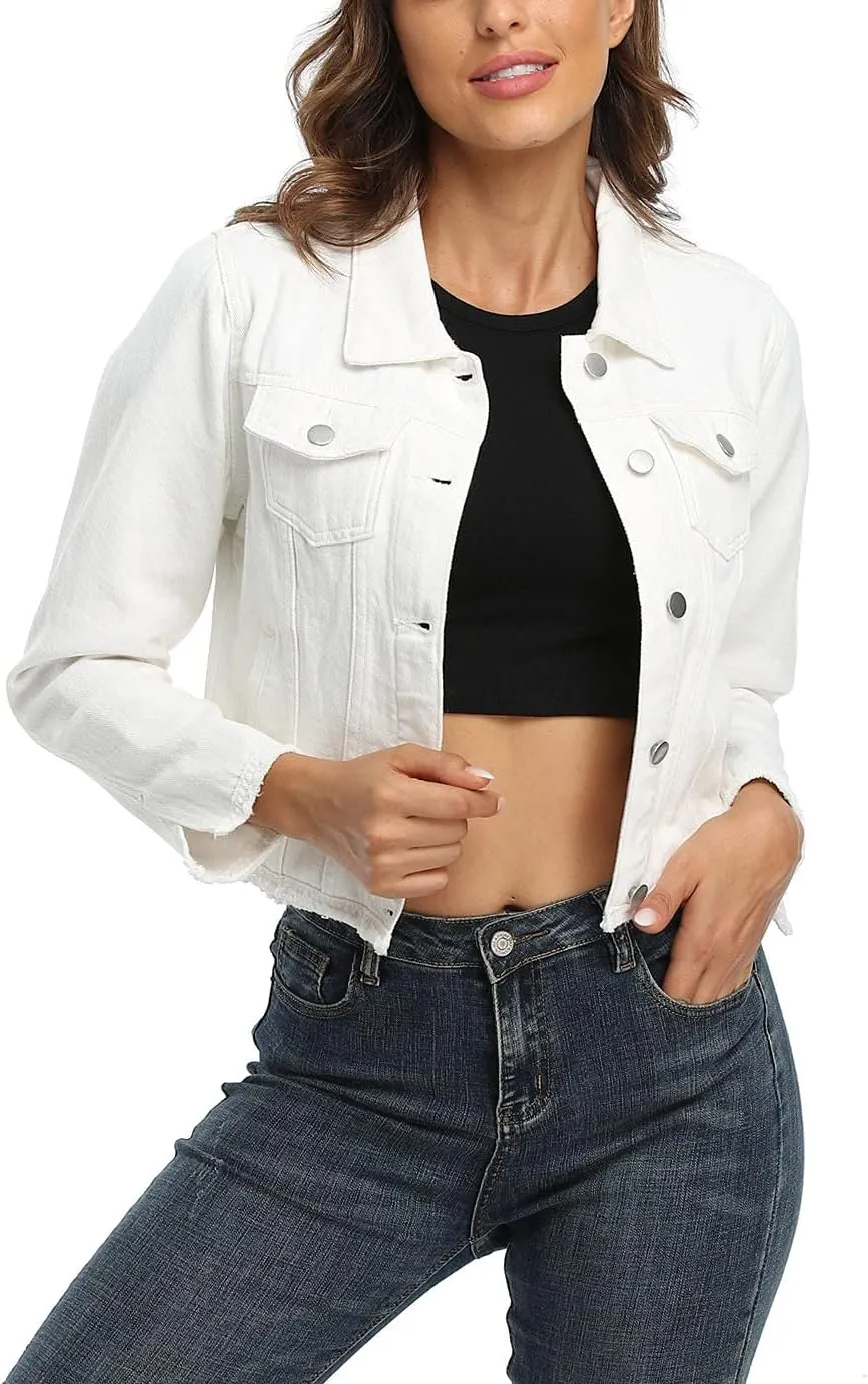 MISS MOLY Jean Jacket Women’s Frayed Washed Button Up Cropped Denim Jacket w 2 Side Pockets