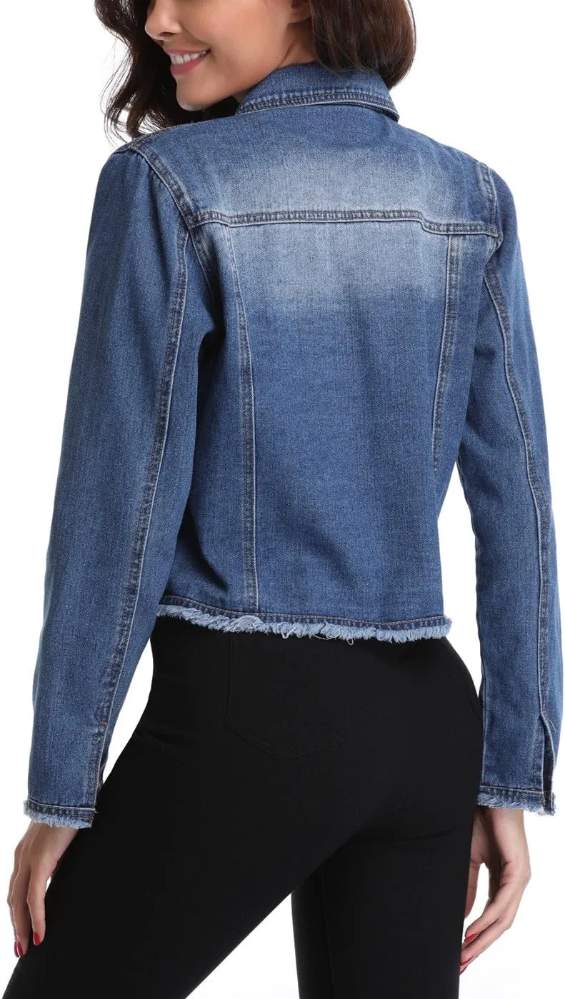 MISS MOLY Jean Jacket Women’s Frayed Washed Button Up Cropped Denim Jacket w 2 Side Pockets
