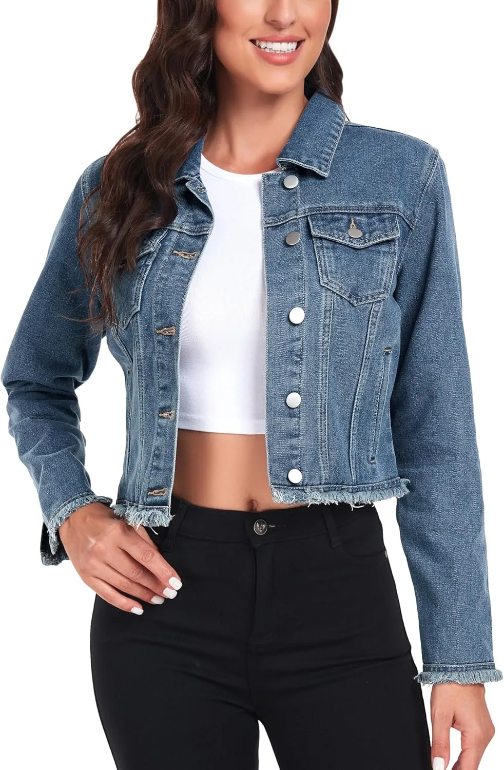MISS MOLY Jean Jacket Women’s Frayed Washed Button Up Cropped Denim Jacket w 2 Side Pockets