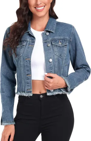 MISS MOLY Jean Jacket Women’s Frayed Washed Button Up Cropped Denim Jacket w 2 Side Pockets