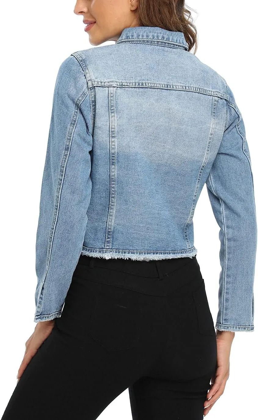 MISS MOLY Jean Jacket Women’s Frayed Washed Button Up Cropped Denim Jacket w 2 Side Pockets