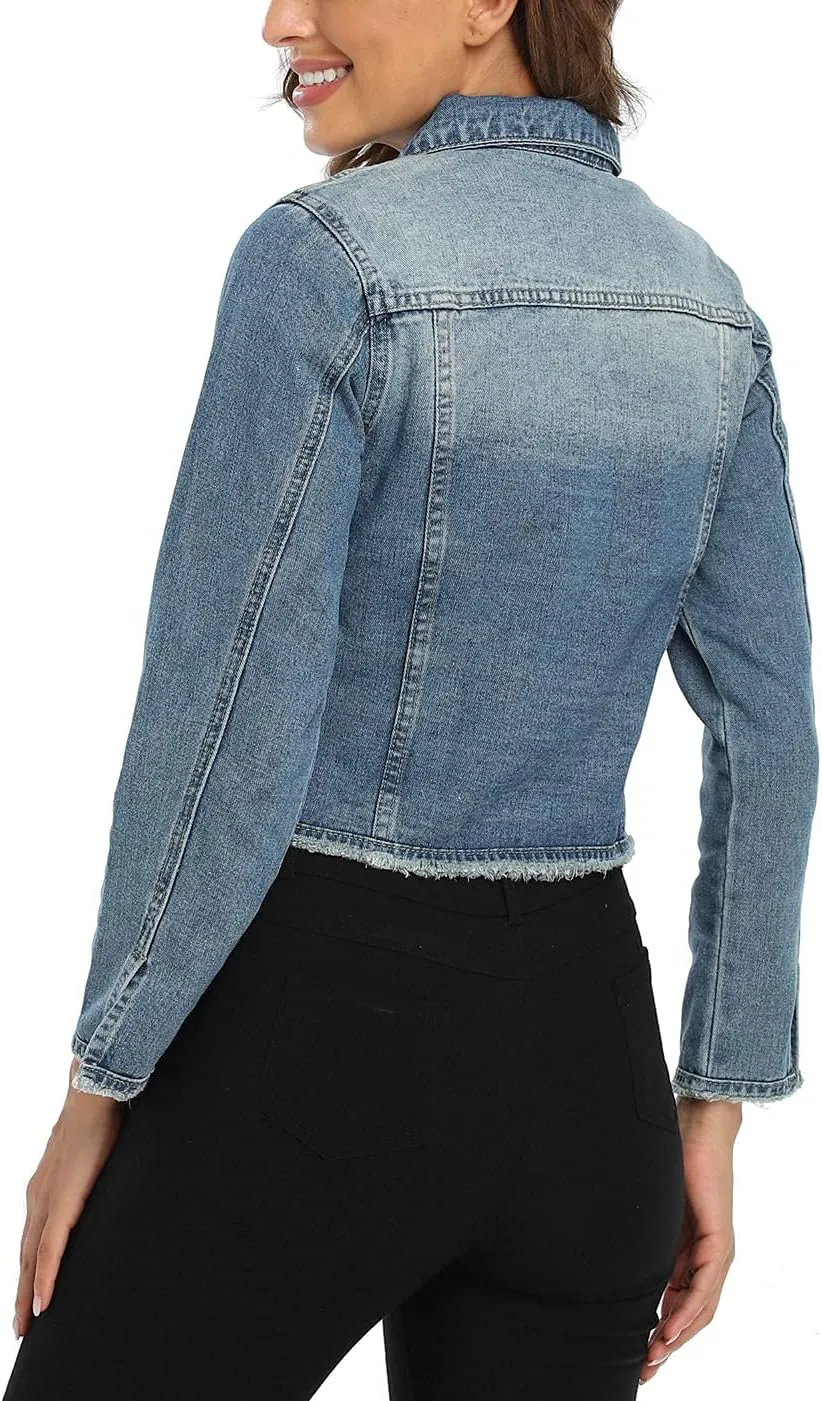 MISS MOLY Jean Jacket Women’s Frayed Washed Button Up Cropped Denim Jacket w 2 Side Pockets