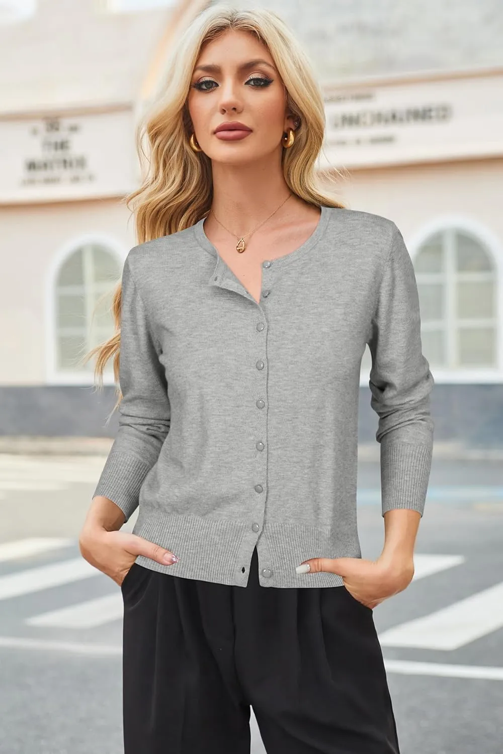 Newshows Women's Lightweight Button Down Cardigan Long Sleeve Casual Crew Neck Soft Knit Cardigans Sweater Tops