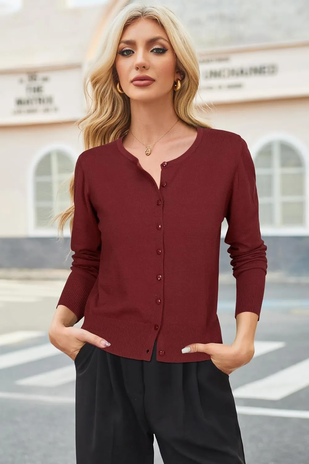 Newshows Women's Lightweight Button Down Cardigan Long Sleeve Casual Crew Neck Soft Knit Cardigans Sweater Tops