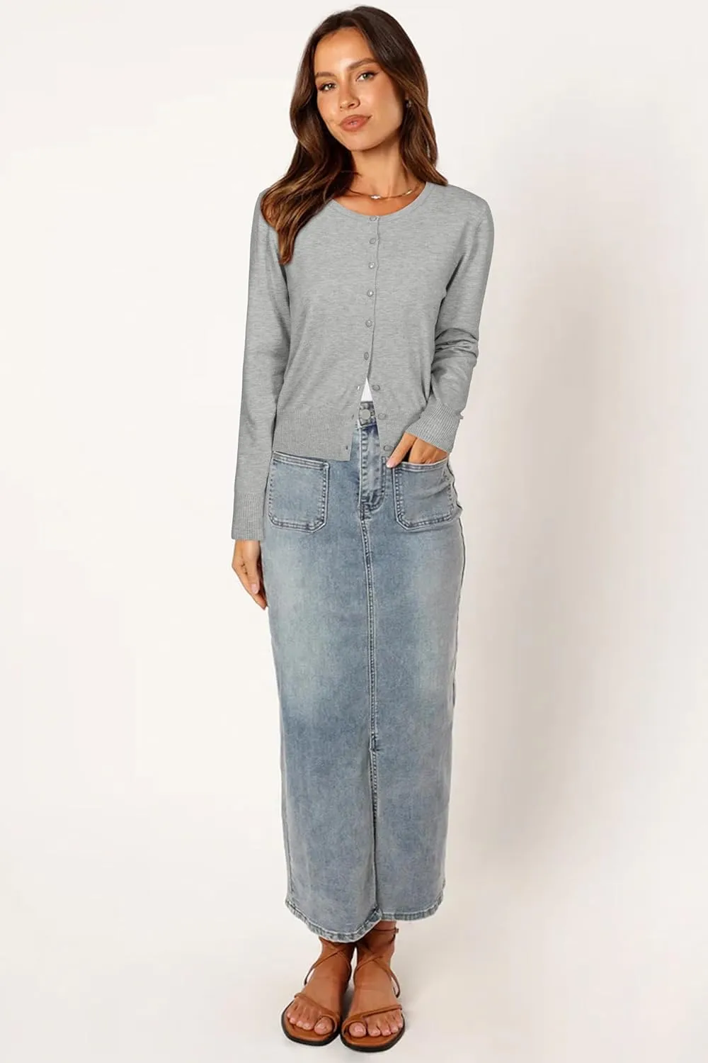 Newshows Women's Lightweight Button Down Cardigan Long Sleeve Casual Crew Neck Soft Knit Cardigans Sweater Tops