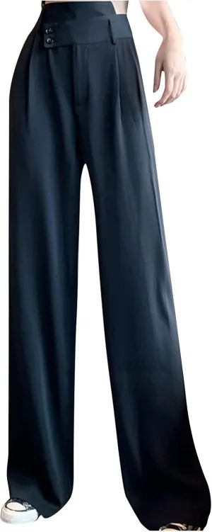 niuwa Women Casual Pants Leg Waisted Pants Solid Women’s Pocket High Straight Baggy Trousers Wide Pants (Black, XXXL)