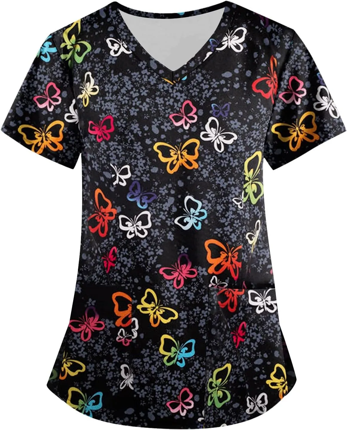 OIOLOYJM Scrubs for Women Animal Print Tops for Women V Neck Cartoon Pattern Short Sleeve Nursing Tops with Pockets