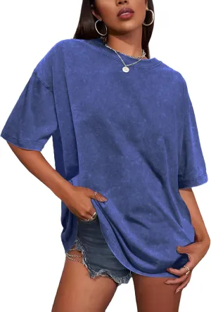 Oversized Tshirts for Women Short Sleeve Crew Neck Vintage Washed Basic Loose Casual Tees