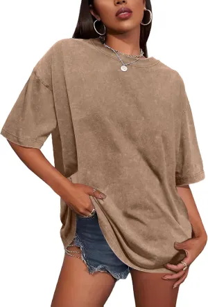 Oversized Tshirts for Women Short Sleeve Crew Neck Vintage Washed Basic Loose Casual Tees